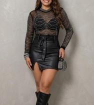 Conjunto Balada Festa Body Tule Brilho com Top & Saia Couro
