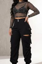 Conjunto Balada Premium Cropped Tule Strass Preto & Calça Cargo Conjunto Balada Premium Cropped Tule Strass Preto & Calça Cargo