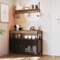 Conjunto balcão buffet bar york + prateleira decorativa tube 90cm base e suporte em aço preto fosco - artesano