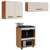 Conjunto Balcão para Cooktop 4 bocas 2 nichos e 2 Armários Aéreo Nature/Off White