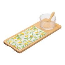 Conjunto Bandeja Bambu Colher Copo De Vidro Petisqueira 4pçs