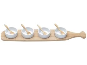 Conjunto Bandeja de Bambu com 4 Molheiras e 4 Colheres