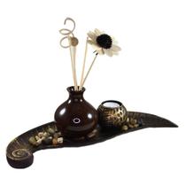 Conjunto Bandeja Flor Com Difusor Porta Velas Jardim Zen Resina 35cm