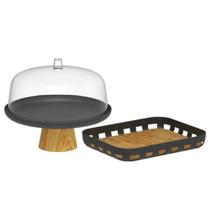 Conjunto Bandeja Retangular e Boleira Cúpula Plástica 25cm com Pé Bambu Lume Preto Ou Conjunto Bandeja Retangular e Boleira Cúpula Plástica 25cm com Pé Bambu Lume Preto Ou