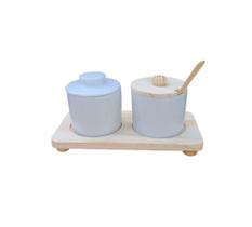 Conjunto Bandeja Retangular Madeira Com Kit Mantegueira e Açucareiro Porcelana Premium Branca