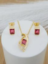 Conjunto Banhado a Ouro Com Pedra Colorida Bijou Art