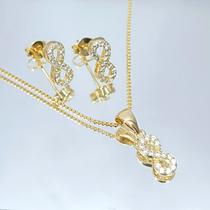 Conjunto Banhado a Ouro Corrente Brinco e Pingente Infinito Com Zircônia Bijou Art