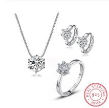 Conjunto banhado a prata com zirconias ponto de luz colar brincos argola pequena e anel ajustável