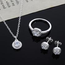 Conjunto banhado a prata com zirconias ponto de luz cravejado colar brincos e anel ajustável