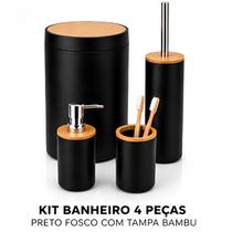 Conjunto Banheiro 4 Pçs Lixeira 6L Escova Sanitária Tampa Bambu Dispenser Porta Escova Acessórios Luxo Banheiro Elegante