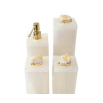Conjunto Banheiro 4 Pçs Resina Quadrado Nude Pérola Com Drusa de Quartzo Conjunto Banheiro 4 Pçs Resina Quadrado Nude Pérola Com Drusa de Quartzo
