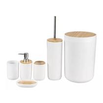 Conjunto Banheiro Bambu 6 Peças Branco Plasvale Lixeira 6,5l Escova Sanitária Acessórios Lavabo
