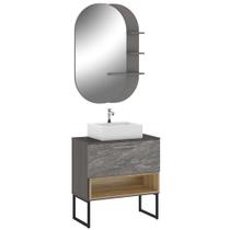 Conjunto Banheiro Gabinete 80cm Com Pés Cuba E Espelho Vicenza B06 Branco Magneto Nogal - Lyam Decor