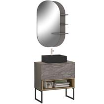 Conjunto Banheiro Gabinete 80cm Com Pés Cuba E Espelho Vicenza B06 Preto Magneto Nogal - Lyam Decor