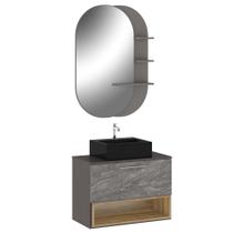 Conjunto Banheiro Gabinete Suspenso Com Cuba E Espelho Vicenza B06 Preto Magneto Nogal - Lyam Decor