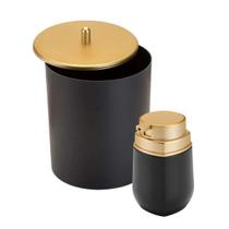 Conjunto Banheiro Lavabo 2 Peças Lixeira Com Tampa E Porta Sabonete Líquido Preto Dourado Fosco