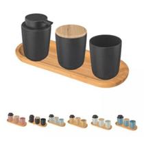 Conjunto Banheiro Osaka Cerâmica Dispenser Escova Bambu