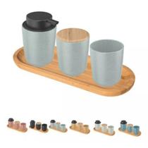 Conjunto Banheiro Osaka Cerâmica Dispenser Escova Bambu