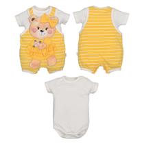 Conjunto Banho De Sol Macaquinho Bebê Menina Suedine Ursinho