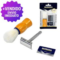 Conjunto Barbear Clássico Com Aparelho Navalhete Metálico Pincel E Lâminas De Aço Inox