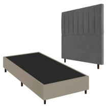 Conjunto Base Cama Box Solteiro Bege e Cabeceira Itália 90cm Suede Cinza - Desk Design