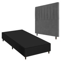 Conjunto Base Cama Box Solteiro Preto e Cabeceira Itália 90cm Suede Cinza - Desk Design