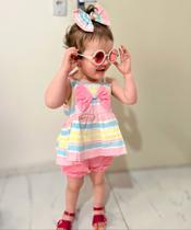 Conjunto Batinha Pop Colors Listrado com Shorts + Laço de Cabelo Tam.1-2 anos Conjunto Batinha Pop Colors Listrado com Shorts + Laço de Cabelo Tam.1-2 anos