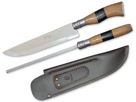 Conjunto BBQ Faca Chaira Elmo Cabo Resina Tipo Madeira Chifre 9 Pol