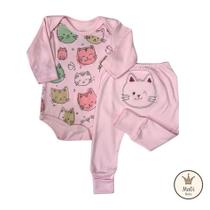 Conjunto Bebê 2 Peças GATINHA Body Longo Estampado + Calça Bordada RN P M G