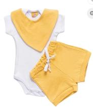 Conjunto Bebê 3 Peças Body, Shorts e Bandana Amarelo