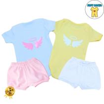 Conjunto bebe 4 peças body manga curta meu anjinho da guarda com tapa fralda menina branco amarelo malha suedine algodão alta qualidade