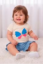 Conjunto bebê Blusa e shorts em malha borbolerta baunilha/azul