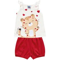 Conjunto Bebe Blusa Off White Gatinho E Short Vermelho Kiko E Kika