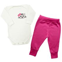 Conjunto Bebê Body + Calça Gatinha Laço Pink Manga Longa