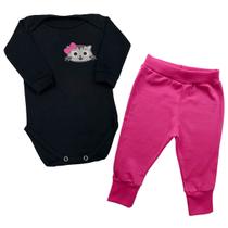 Conjunto Bebê Body + Calça Gatinha Laço Pink Manga Longa