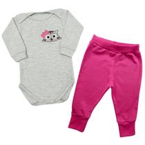 Conjunto Bebê Body + Calça Gatinha Laço Pink Manga Longa