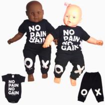 Conjunto Bebê Body e Mijão unissex No Pain No gain - bicho molhado