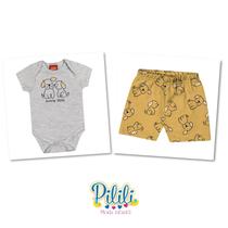 Conjunto Bebê Body em Cotton e Bermuda em Moletinho Cachorrinhos Mescla White/Amarelo -Kyly