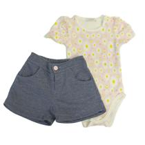 Conjunto Bebê Body Florido em Cotton e Bermuda Jeans
