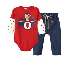 Conjunto Bebê Body manga longa e Calça Cotton Jeans Pingo Lelê Macaquinho Vermelho e azul