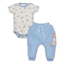 Conjunto Bebê Body Suedine e Calça Culote Piquet Azul Urso e Cachorro Upi Uli