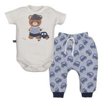 Conjunto Bebê Body Suedine e Culote Pique Branco e Azul Urso e Carrinhos Upi Uli