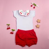 Conjunto Bebê Bordado Cerejinha 3 peças Premium Algodão 100 Conforto Verão Menina Gola Delicada Conjunto Bebê Bordado Cerejinha 3 peças Premium Algodão 100 Conforto Verão Menina Gola Delicada
