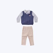 Conjunto Bebê Camisa Manga Longa Branca Com Colete Tricô Azul E Calça Sarja Menino Vigat 1011 Branco