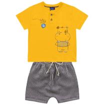 Conjunto bebê camiseta amarelo hipopótamo e bermuda listras Kiko e Kika