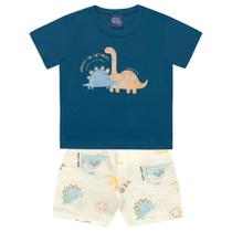 Conjunto Bebe Camiseta Azul Mediterraneo E Bermuda Off White Dinossauros Kiko E Kika
