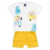 Conjunto bebê camiseta branca bichinhos e bermuda amarela Kiko e Kika