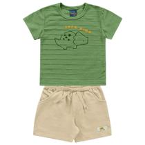 Conjunto bebê camiseta verde dinossauro e bermuda bege Kiko e Kika