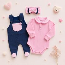 Conjunto Bebê Chiquinha 3 Peças: Body Manga Longa, Jardineira e Faixa - 100% Algodão Conforto