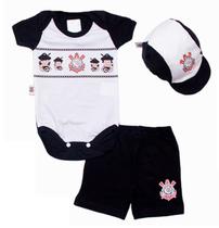 Conjunto Bebê Corinthians Body Shorts e Boné Oficial